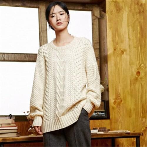 New fashion 100% hand made pure wool Oneck thick knit women loose solid H-straight pullover sweater one&over size