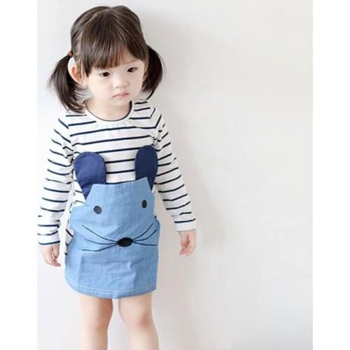 New Hot Summer Toddler Kids Baby Girls lovely Striped Dress Clothes children Party Gown Formal Dresses cartoon Denim stitching