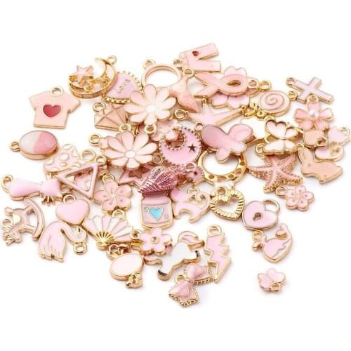 Zinc Alloy Enamel Charms Mini Pink Flowers Moon Stars Charms 50pcs/lot For DIY Fashion Jewelry Making Accessories