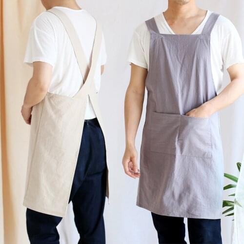 Japanese-style Simple Lace-free Double Shoulder Retro Cotton And Linen Men Women Anti-fouling Apron Kitchen Home Store Overall