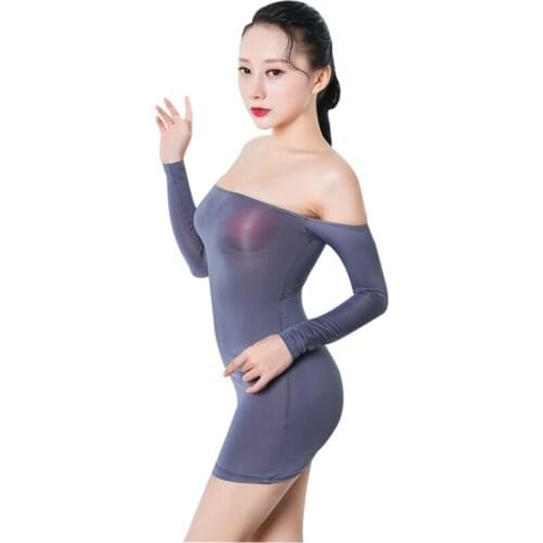Sexy Sheer & Opaque Silky Off the Shoulder Long Sleeve Bodycon Micro Mini Dress Night Club Evening Tube Dress Nightwear
