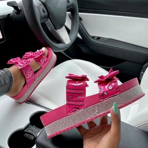 New Cute Bowknot Slippers for Women Fashion Diamond Bandana Platform Sandals Travel Beach Shoes Summer Ladies Casual Slides