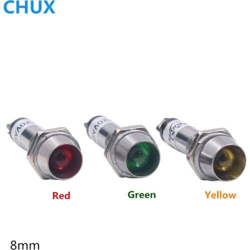 8mm LED Signal Lamp 5Pcs Power Indicator Light Panel Mounting Red Green Yellow Indication 12VDC 24VDC 220VAC XD8-1