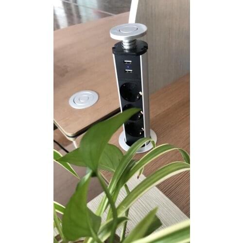 16A PULL POP UP 3 Power Socket 2 USB Charging Port Kitchen Table Desktop Sockets Retractable Worktop EU Plug