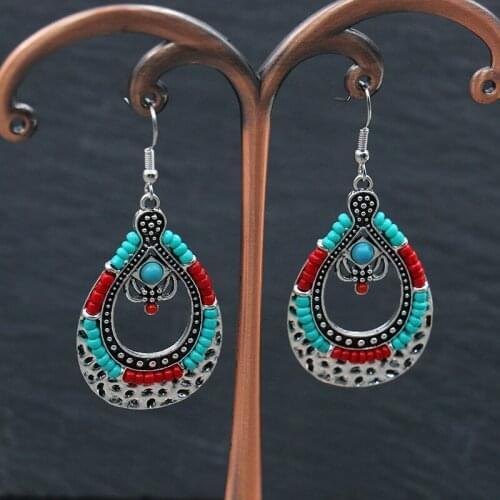 Bohemian Rice Bead Drop Earrings for Women Vintage Long Water Drop Hollow Carved Alloy Dangle Earrings Ethnic Jewelry Wholesale