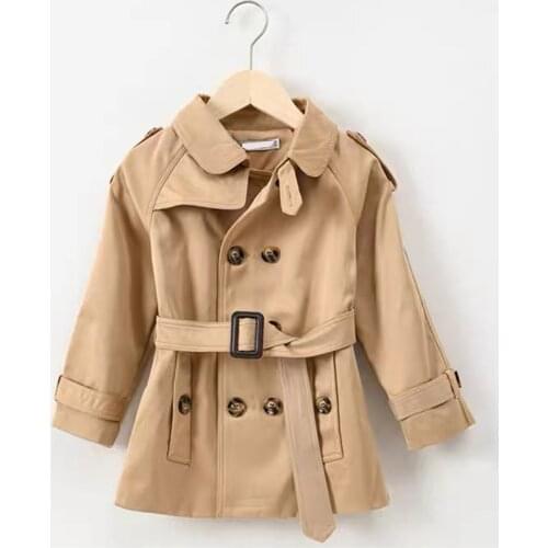Children Tench coat for boys girls windproof jacket drouble breast turn-down collar button belt kids outwear for 2-9 years old