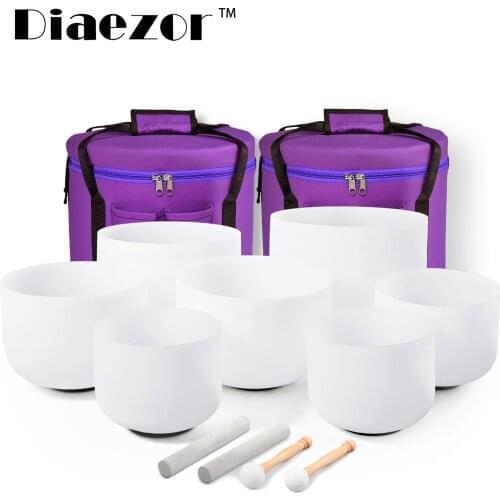 Diaezor 7"-12" Tibetan Crystal Singing Bowls Chakra Frosted Quartz Note CDEFGAB Set of 7Pcs bowl with free case for Meditations