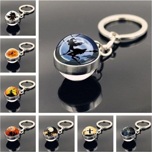 Halloween Witch Pumpkin Glass Ball Keychain for Keys Fashion Accessories Metal Keyring Car Bag Pendant Key Chains Couple Gift