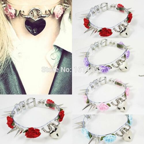 Kawaii Fashion Harajuku 100% Handcrafted Cosplay Choker Long Spiked Collar Rose Flower Heart Lock Key Clear Transparent Necklace
