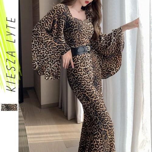 Sexy Jumpsuit for Women Square Neck Leopard Print Flared Sleeves High Waist Wide Legs Long Romper 2021 New