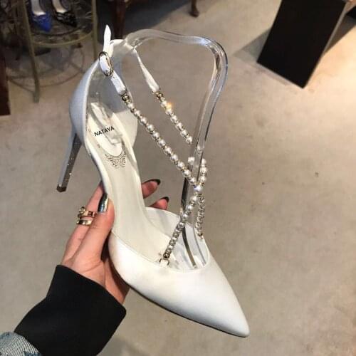 Red wedding shoes 2020 autumn new womens singles shoes pearl cross high-heeled stiletto point-toe shoes