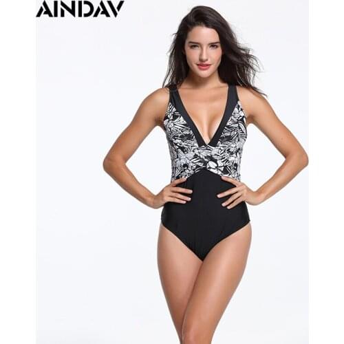 Aindav Deep V Neck Swimsuit Women Patchwork Print High Cut Swimsuit Sexy Monokini Swimwear One Piece Bathing Suit Women Trikini