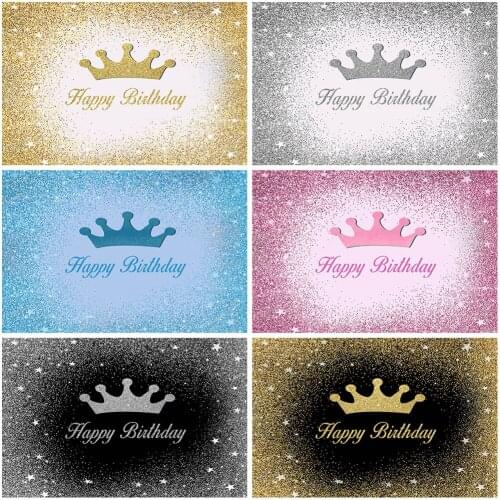 Mocsicka Happy Birthday Customize Backdrops Glitter Golden Silver Stars Crown Decoration Banner Background Photo Studio Props