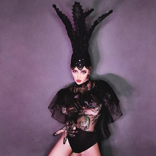 Nightclub Dress Bodysuit Sexy Black Lace Rave GoGo DJ DS Party Outfit Singer Stage Costume Cosplay Witch Halloween Headdress