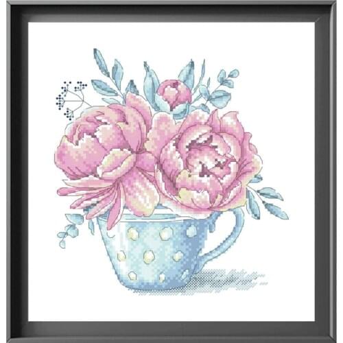 Peony tea cup cross stitch kits flower pattern aida fabric 18ct 14ct 11ct count white canvas cotton thread embroidery