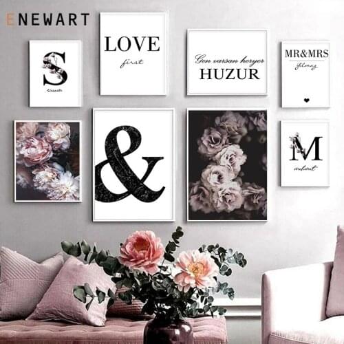 Pink Floral Capital Letter Custom Name Canvas Painting Couple Wedding Gift Wall Art Poster Modern Living Room Print Pictures