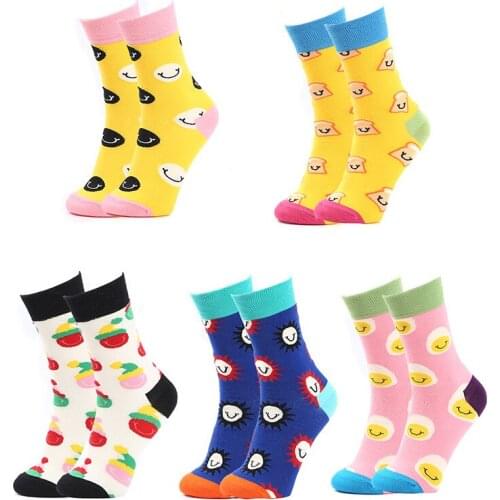 5 Pairs Fun Socks Women Pure Cotton Tide Smile Face Brand Stockings Men Multicolor Fashion Socks Footed Unisex Middle Tube Sock