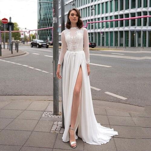 Elegant Modest Simple Wedding Dresses Chiffon Side Split Long Sleeves Appliqued A-line Backless See Through Formal Bridal Gowns
