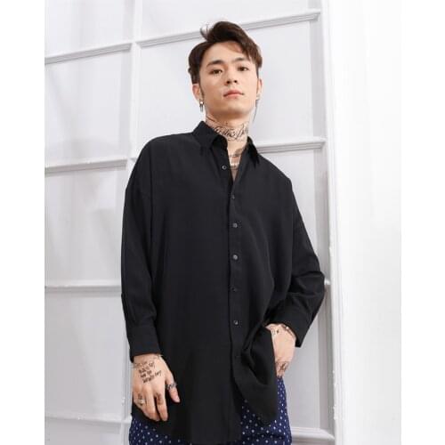Medium length hip hop arc side opening large size Korean show style Lapel long sleeve shirt, loose and versatile, black and whit