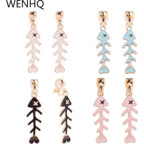 WENHQ Fashion Gold Color Enamel Fish Bone Clip on Earrings Ear Clips for Little Girl Students Party Birthday No Pierced Earrings