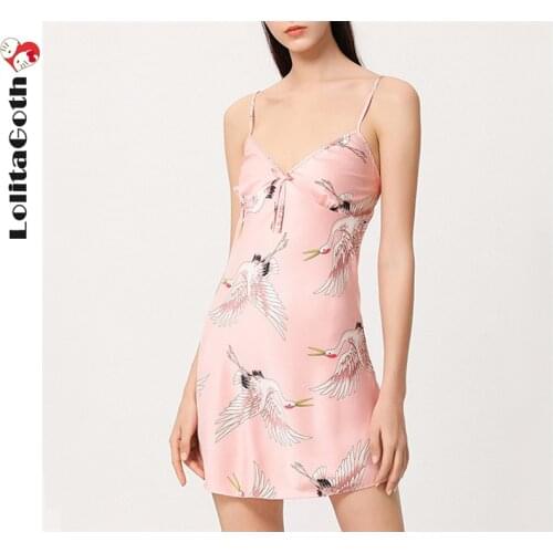 LolitaGoth Japanese Underwear Pajamas Sexy Silk Sleepwear Ladies Crane Ice Silk Sexy Suspender Nightdress Home Service Women