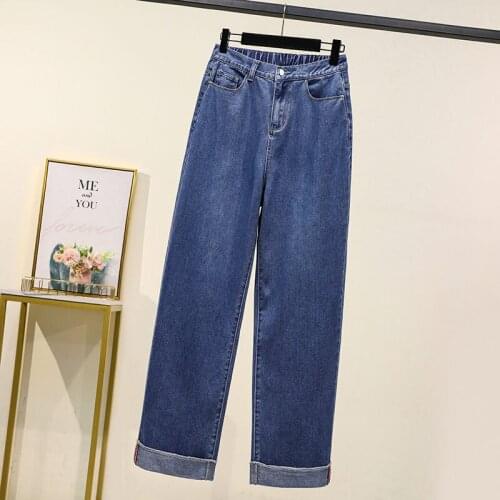 2021 Fall New Large Size 5XL Jeans Womens High Waist Straight Long Denim Pants Blue Loose Wide Leg Trousers Female e390