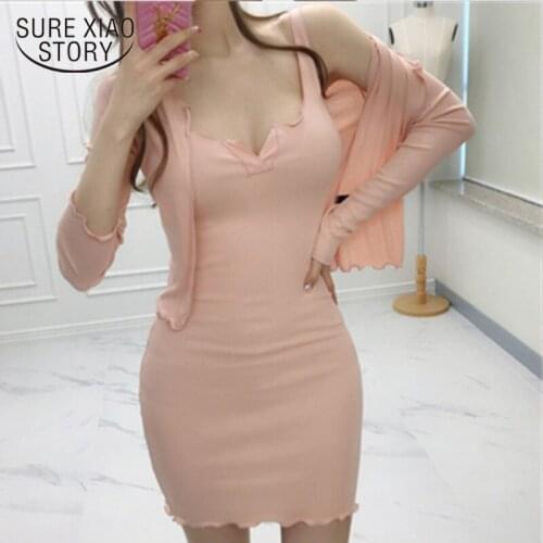 Two Piece Suit Set Pink Black Sexy Robe Femme Summer Women Dresses New Cardigan Female party Dress V Neck Robe Vestido 8947 50