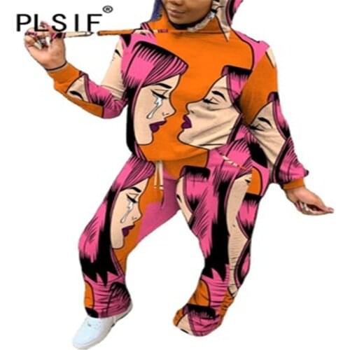 Fashion Hoodies Tracksuit Full Sleeve Print 2 Pieces Tops And Long Pant Suit Female Track Suit