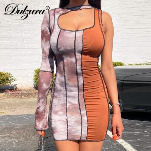 Dulzura Tie Dye Patchwork Women One Shoulder Mini Dress Long Sleeve Hollow Out Bodycon Sexy Streetwear Party Club 2021 Summer