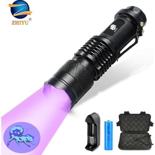 ZHIYU UV Flashlight Ultra Violet Light With Zoom Function Mini UV Light Pet Urine Stains Detector Scorpion Use AA/14500 battery