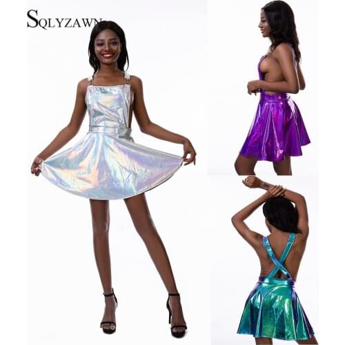 Glitter Laser Holographic A-Line Dress Women Backless Criss Cross Buckle Strap Wet Look 2020 Spring Fashion Sexy Mini Dresses
