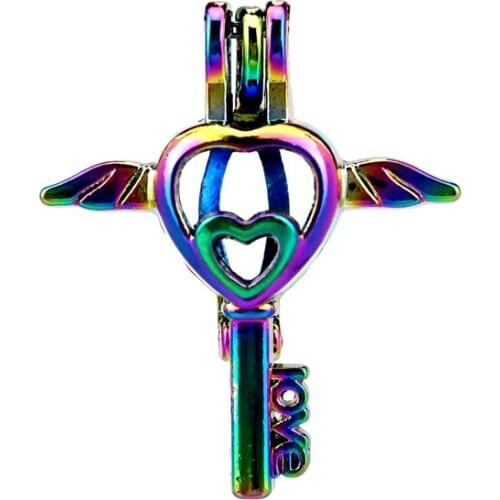 C788 5pcs/lot Rainbow Color Love Heart Mini Wing Key Pearl Beads Cage Locket Pendant Pearl Locket Fairytale Party