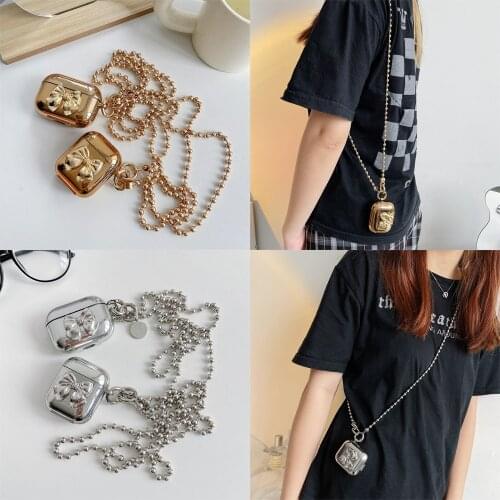 Luxury Gold Sliver Plating Butterfly bow Earphone Case For Airpods 1 2 Pro Wireless Headset bluetooth Cover Box keychain chain