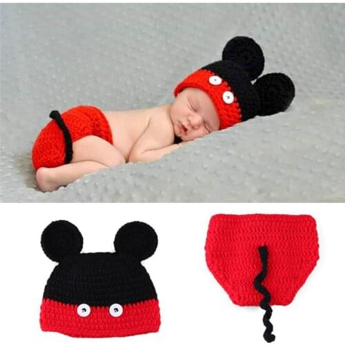 Baby Photography Props Crochet Hat Newborn Mickey Costume Knitted Cartoon Outfit for Photo Shoot Girls Boys Handmade Suit