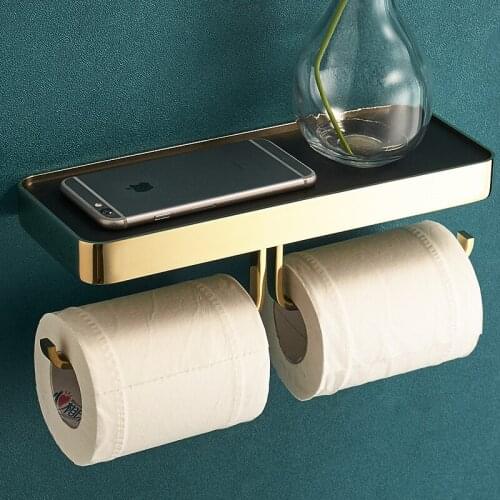 Bathroom Roll Paper Holder Soild Brass & Leather Bath Mobile Phone Towel Rack Toilet Tissue Shelf Wall Mounted Nail Punched