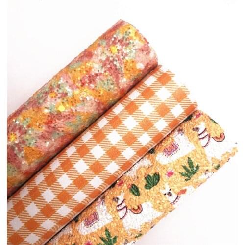 Flowers Lama Printed Chunky Glitter Leather Tartan Grids Plaids Printed Synthetic Leather Vinyl Fabric For BOWS DIY 21X29CM G543