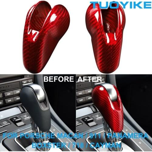 LHD Car Real RED Black Carbon Fiber Gear Shift Knob Interior Trim Decal Cover For Porsche Macan 911 Panamera Boxster 718 Cayman