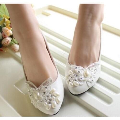 Sweet new design butterfly bridal shoes handmade plus sizes custom make low high heels white pearls wedding shoes womens