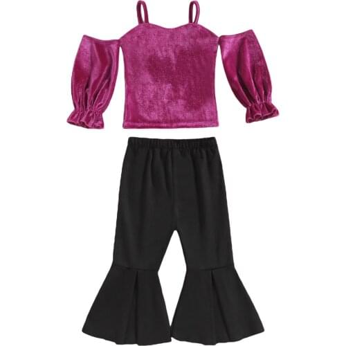 1-5Y Fashion Kids Baby girl Clothing Sets Girl Outfits Solid Off Shoulder Long Sleeve Tops+Flare Pants Outfit 2pcs