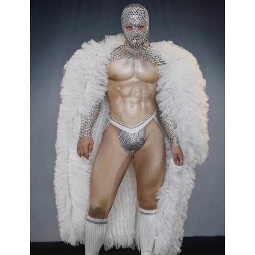 Shining Mesh Chain Men Jumpsuits Tight Stretch Bodysuits Fur Coat Nightclub Singer Dancer Performance Wear Evening Prom Outfit