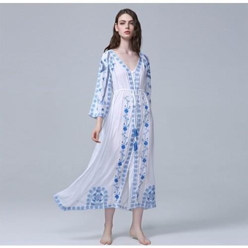New summer hollowed-out sexy dress Bohemian beach dress with Chinese style blue-and-white porcelain embroidered long dress