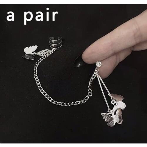 New Women Personality Korean Jewelry Single Stud Earring Butterfly Chain Exaggerated Cool Dangler Ear Bone Clips Accessories