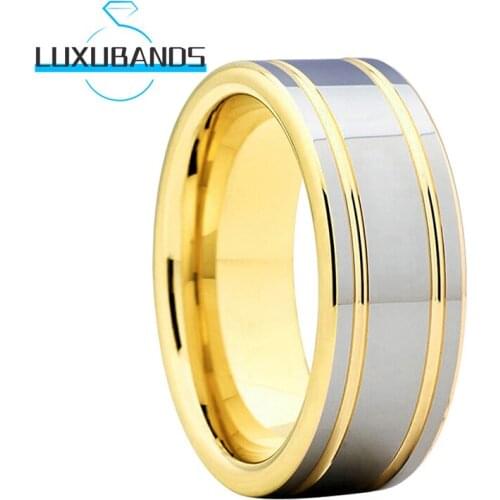 8MM Gold Men Wemens Wedding Rings Tungsten Engagement Bands Offset Two Grooved Polished Finished Comfort Fit