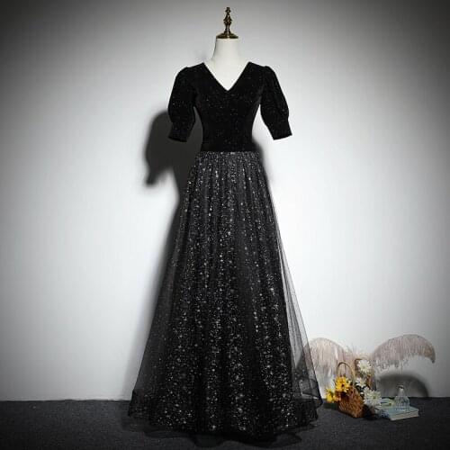 Evening Dress V-Neck Sequins Elegant A-Line Simple Ruched Floor-Length Short Sleeves New Black Party Formal Dresses Woman B1068