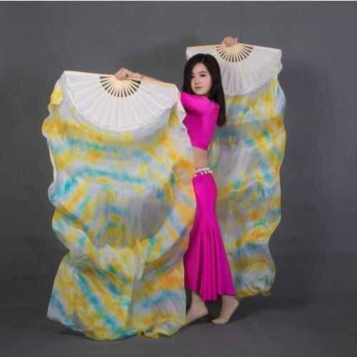 1 Pair Dance Fans 100% Silk Stage Performance Props Tie Dye 180cm Women Belly Dance Silk Fans