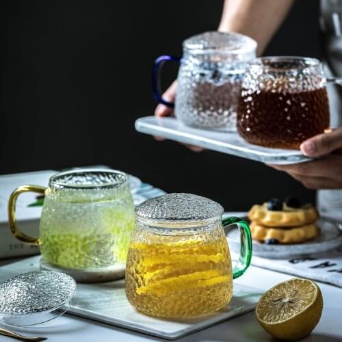 Japanese style hammered glass cup with handle with lid ins style household simple tea cups with handle tea separation cup mugs