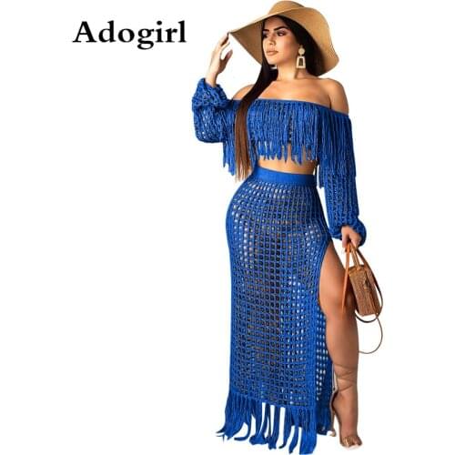 Knitted Fishnet Tassel 2 Piece Suit Sexy Slash Neck Grid Hollow Out Splicing Top+ Side Split Maxi Skirt Summer Beach Outfits