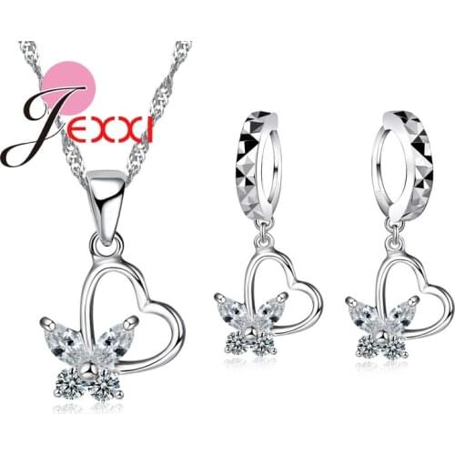Loving Heart Jewelry Sets 925 Sterling Silver Cubic Zircon Crystal Earrings Necklaces For Women Butterfly Pendant Set