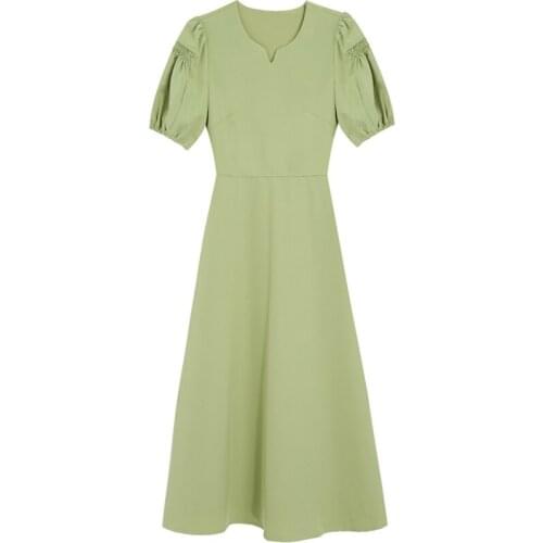 Green Puff Sleeve Medium Waist Lovely Summer Ladies Dress Slim Sweet Young Girl Skirt Womans A-Line Solid Business OL Dresses