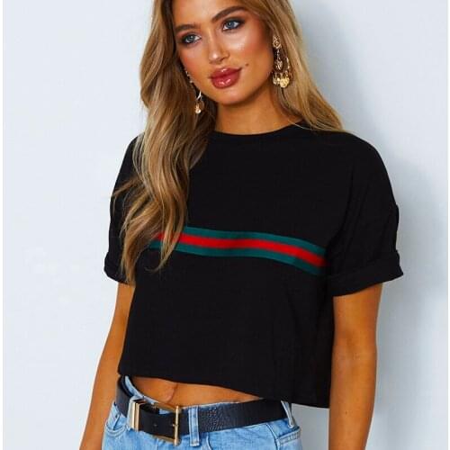 Womens black full Polyester cotton round neck sexy exposed navel red and green stripes fashion short sleeve T-shirt